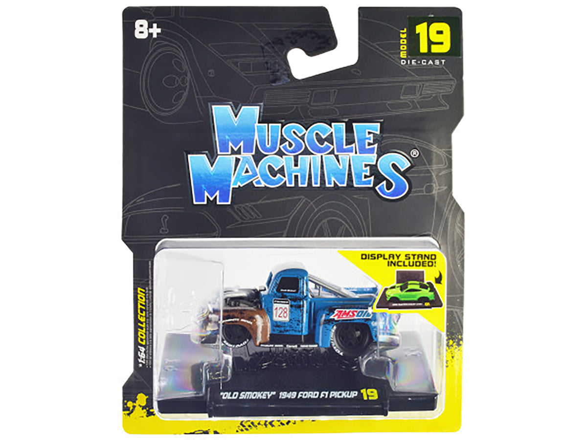 1949 Ford F1 Pickup Truck #128 'Old Smokey' Blue and Brown (Weathered) 1/64 Diecast Model Car by Muscle Machines