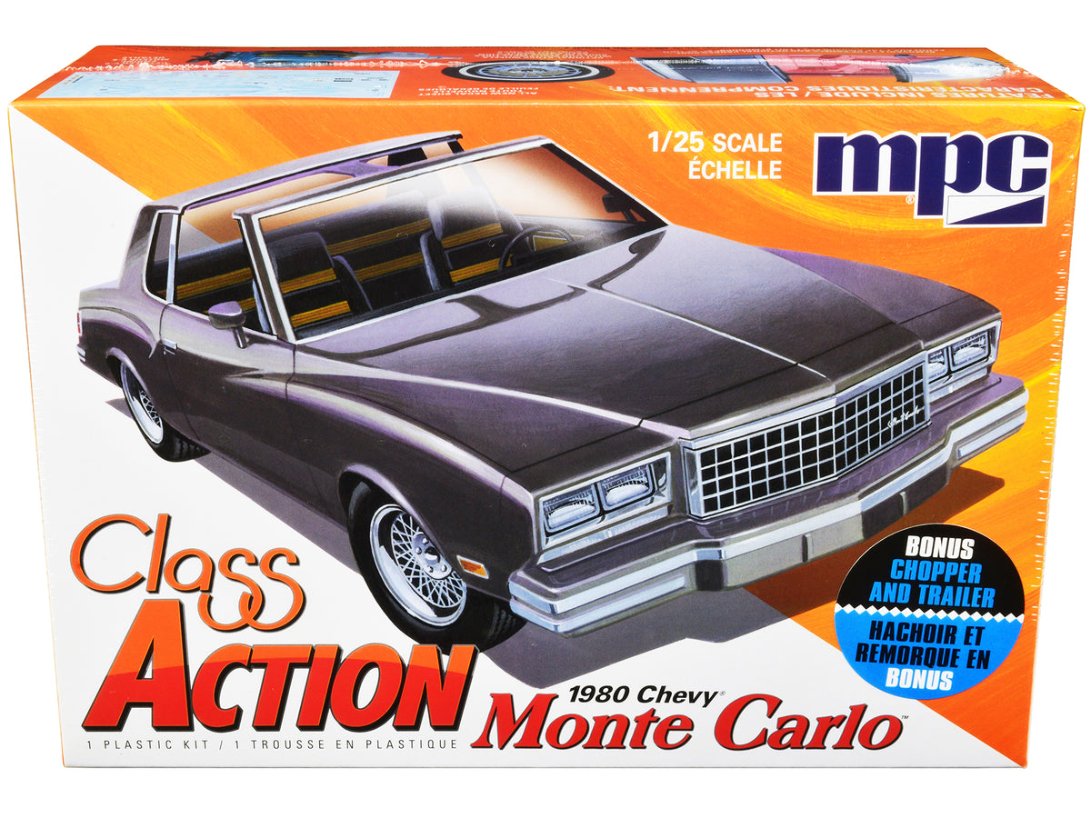 Skill 2 Model Kit 1980 Chevrolet Monte Carlo 'Class Action' with Motorcycle and Trailer (Skill 2) 1/25 Scale Model Car by MPC