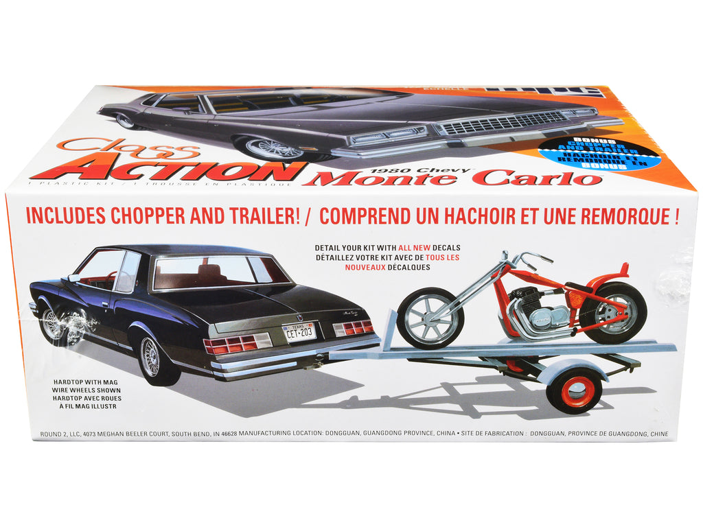 Skill 2 Model Kit 1980 Chevrolet Monte Carlo 'Class Action' with Motorcycle and Trailer (Skill 2) 1/25 Scale Model Car by MPC