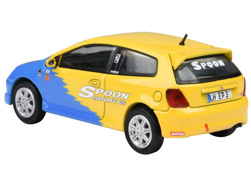 2001 Honda Civic Type R EP3 Blue and Yellow with Black Hood 'Spoon Sports' 1/64 Diecast Model Car by Paragon Models