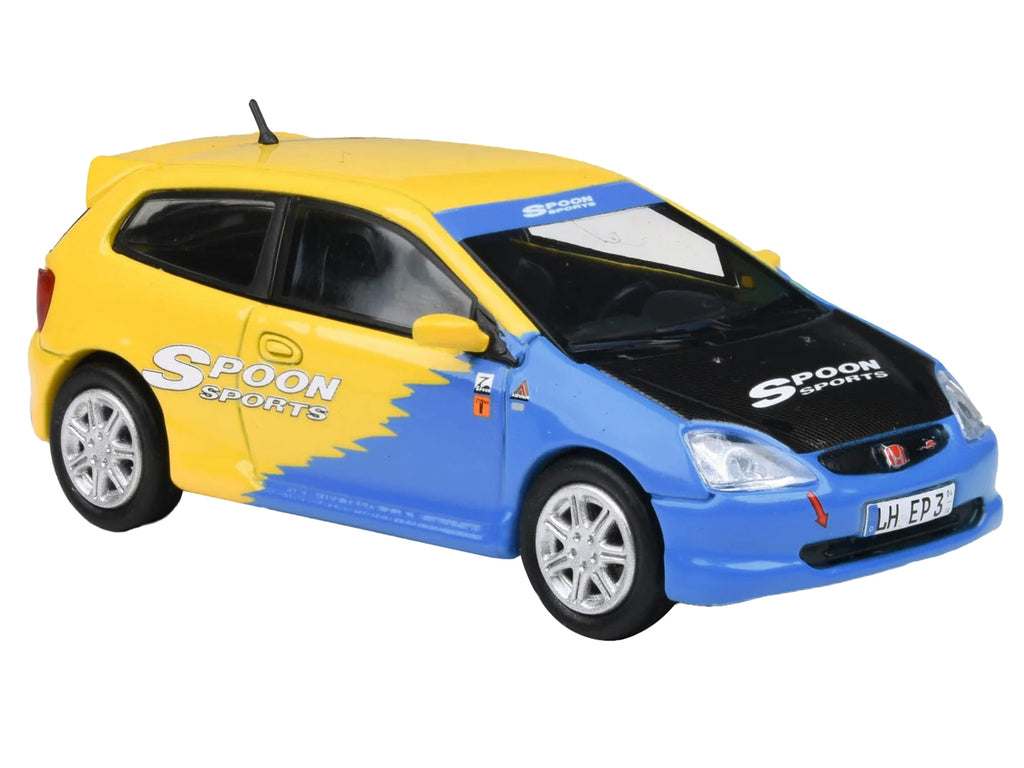 2001 Honda Civic Type R EP3 Blue and Yellow with Black Hood 'Spoon Sports' 1/64 Diecast Model Car by Paragon Models