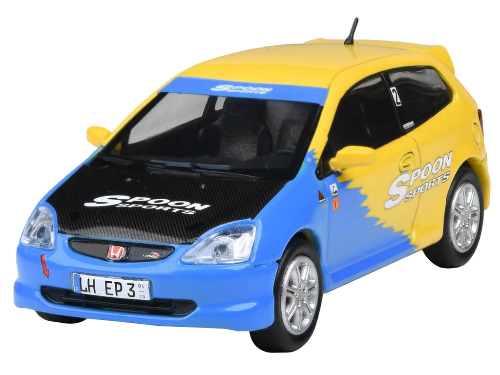 2001 Honda Civic Type R EP3 Blue and Yellow with Black Hood 'Spoon Sports' 1/64 Diecast Model Car by Paragon Models