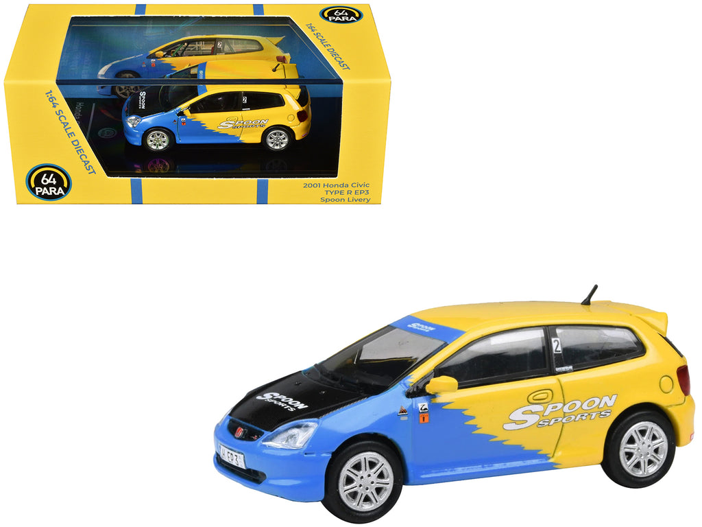 2001 Honda Civic Type R EP3 Blue and Yellow with Black Hood 'Spoon Sports' 1/64 Diecast Model Car by Paragon Models