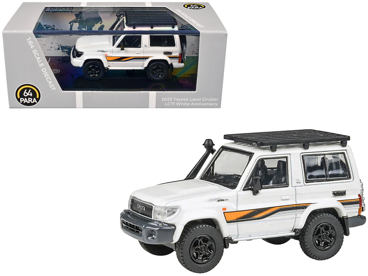 2023 Toyota Land Cruiser 71 White '70th Anniversary' with Stripes and Roofrack 1/64 Diecast Model Car by Paragon Models