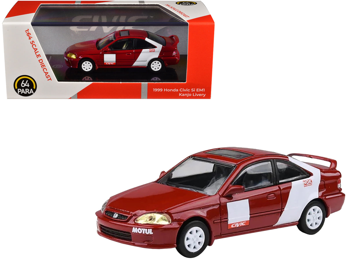 1999 Honda Civic Si EM1 'Kanjo Livery' Red with White Stripes 1/64 Diecast Model Car by Paragon Models