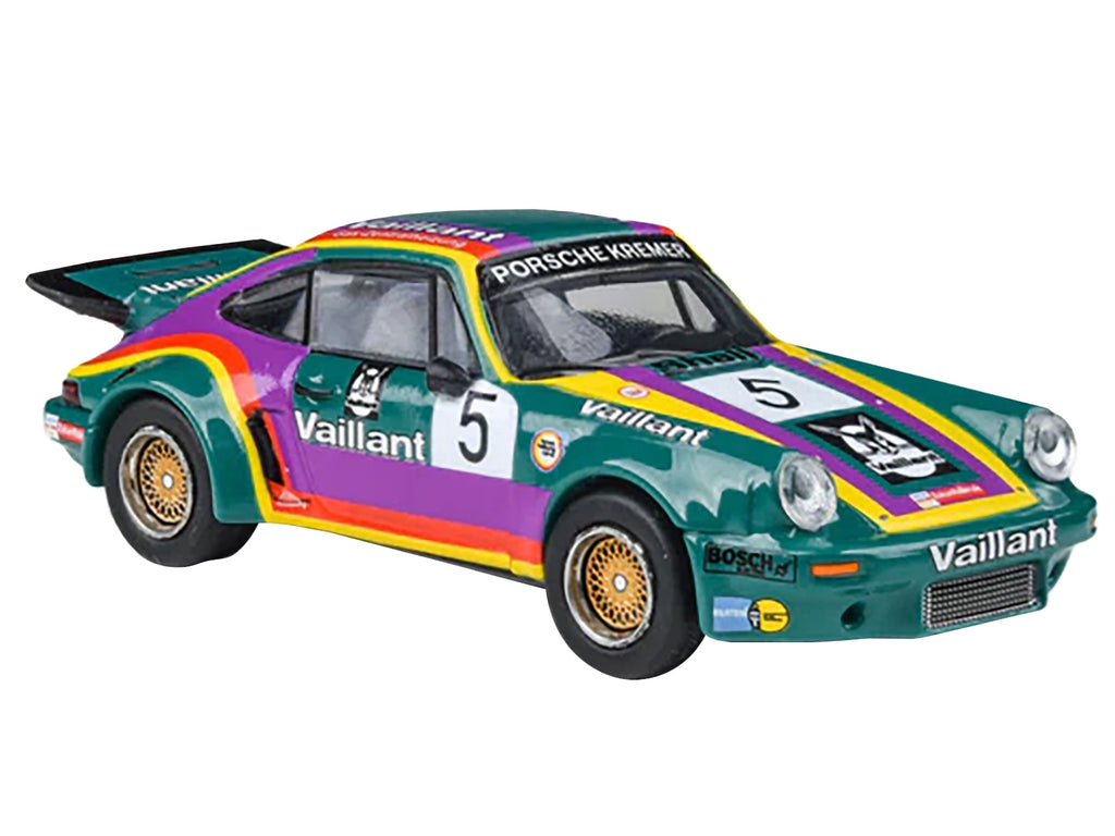 1975 Porsche 911 Carrera RSR 3.0 #5 'Kremer Racing - Vaillant' Green with Stripes 1/64 Diecast Model Car by Paragon Models