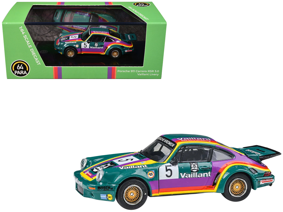 1975 Porsche 911 Carrera RSR 3.0 #5 'Kremer Racing - Vaillant' Green with Stripes 1/64 Diecast Model Car by Paragon Models
