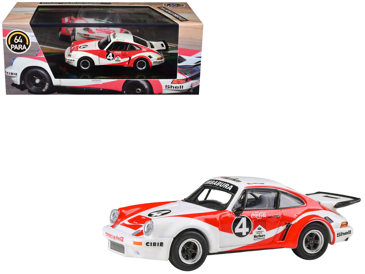 1976 Porsche 911 Carrera RSR 3.0 Ecuador #4 'Fernando Madera' White and Red with Graphics 1/64 Diecast Model Car by Paragon Models