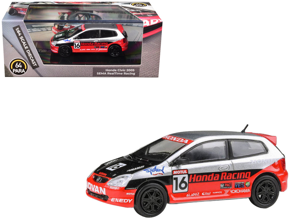 2005 Honda Civic #16 'SEMA RealTime Racing' Silver Metallic and Red with Black Graphics 1/64 Diecast Model Car by Paragon Models