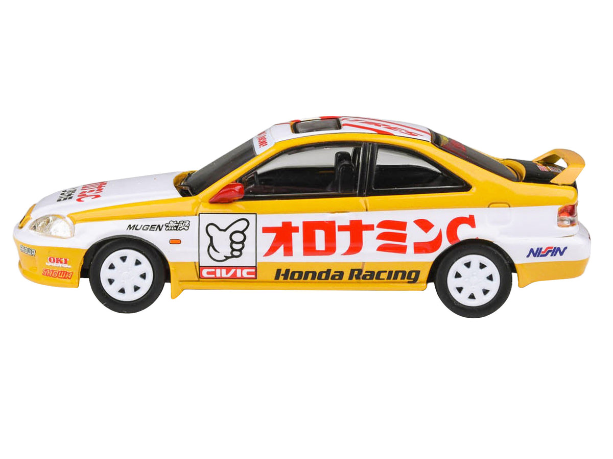 1999 Honda Civic EM1 RHD (Right Hand Drive) 'Oyatsu Racing' White and Yellow with Graphics 1/64 Diecast Model Car by Paragon Models