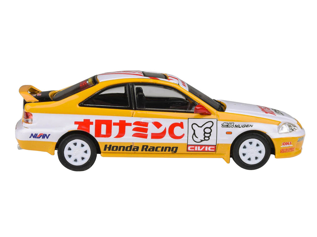 1999 Honda Civic EM1 RHD (Right Hand Drive) 'Oyatsu Racing' White and Yellow with Graphics 1/64 Diecast Model Car by Paragon Models