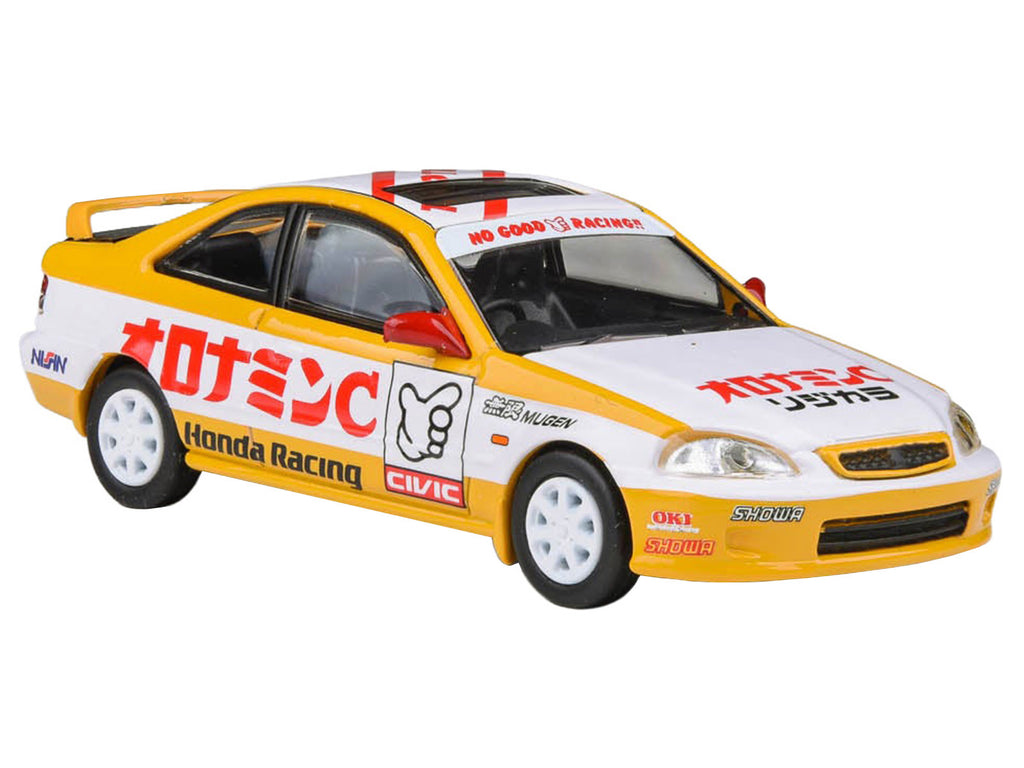 1999 Honda Civic EM1 RHD (Right Hand Drive) 'Oyatsu Racing' White and Yellow with Graphics 1/64 Diecast Model Car by Paragon Models