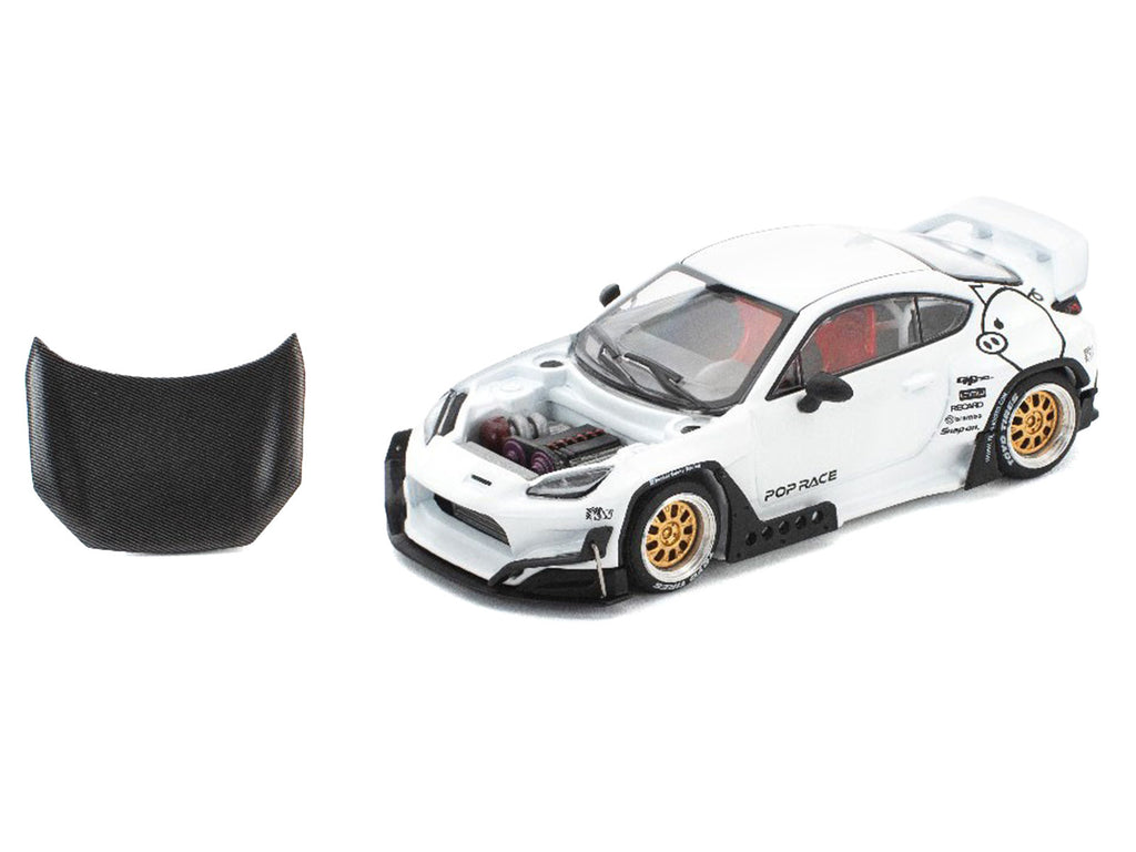 Toyota Pandem GR86 White with Carbon Hood 'Enigma Exclusive Edition' 1/64 Diecast Model Car by Pop Race