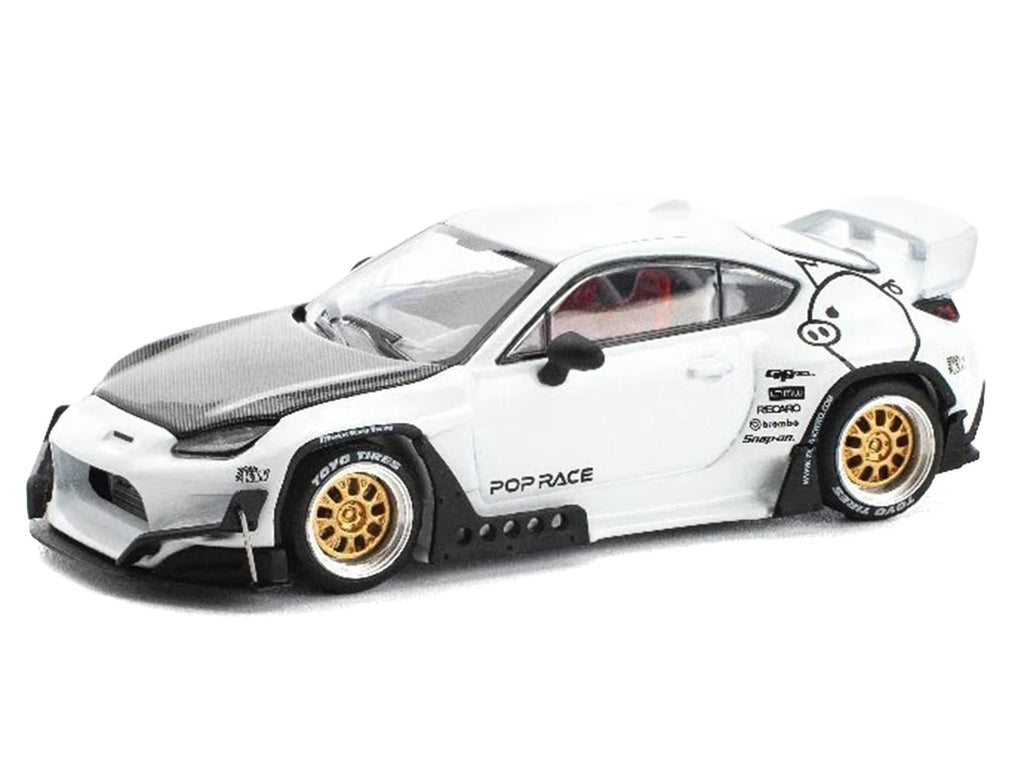Toyota Pandem GR86 White with Carbon Hood 'Enigma Exclusive Edition' 1/64 Diecast Model Car by Pop Race