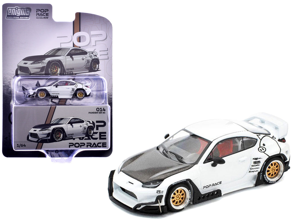 Toyota Pandem GR86 White with Carbon Hood 'Enigma Exclusive Edition' 1/64 Diecast Model Car by Pop Race
