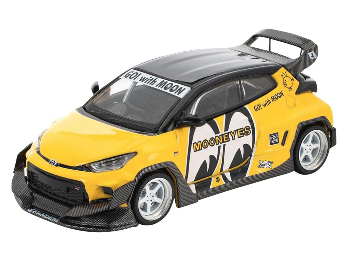 Pandem GR Yaris RHD (Right Hand Drive) 'MoonEyes' Yellow with Black Top and Graphics 'Enigma Exclusive Edition 1/64 Die Cast Model Car by Pop Race