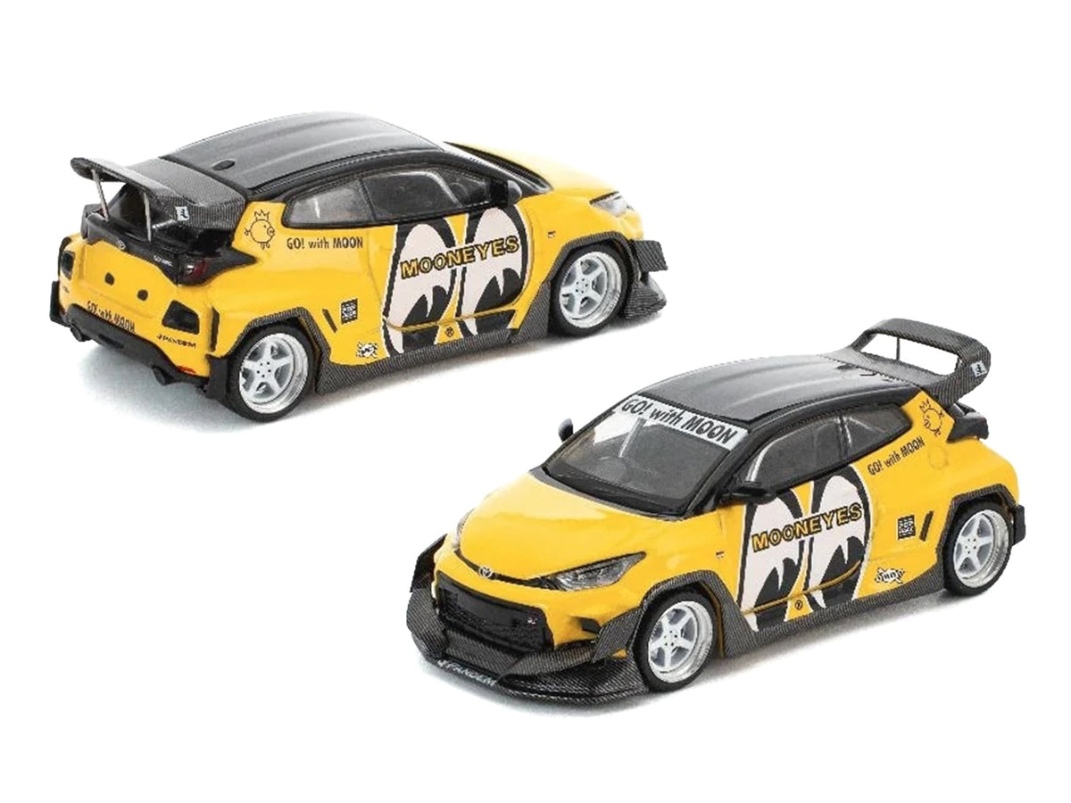 Pandem GR Yaris RHD (Right Hand Drive) 'MoonEyes' Yellow with Black Top and Graphics 'Enigma Exclusive Edition 1/64 Die Cast Model Car by Pop Race