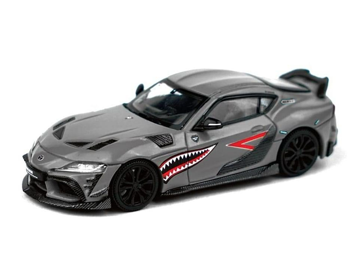 Toyota Supra 'DarwinPro 66G NWB' Gray Metallic with Shark Mouth Graphics 1/64 Diecast Model Car by Pop Race