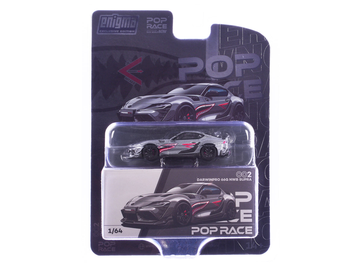 Toyota Supra 'DarwinPro 66G NWB' Gray Metallic with Shark Mouth Graphics 1/64 Diecast Model Car by Pop Race