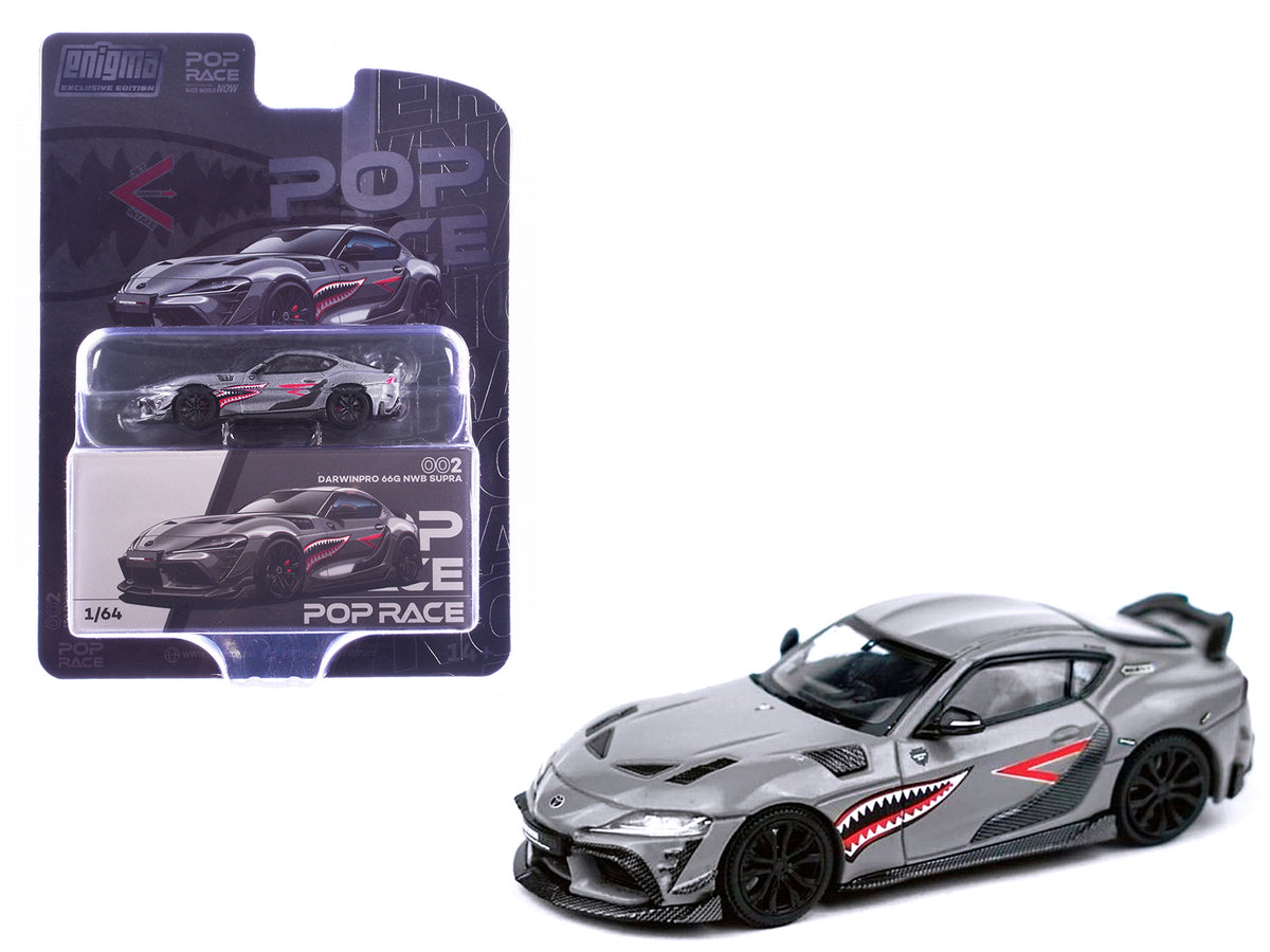 Toyota Supra 'DarwinPro 66G NWB' Gray Metallic with Shark Mouth Graphics 1/64 Diecast Model Car by Pop Race