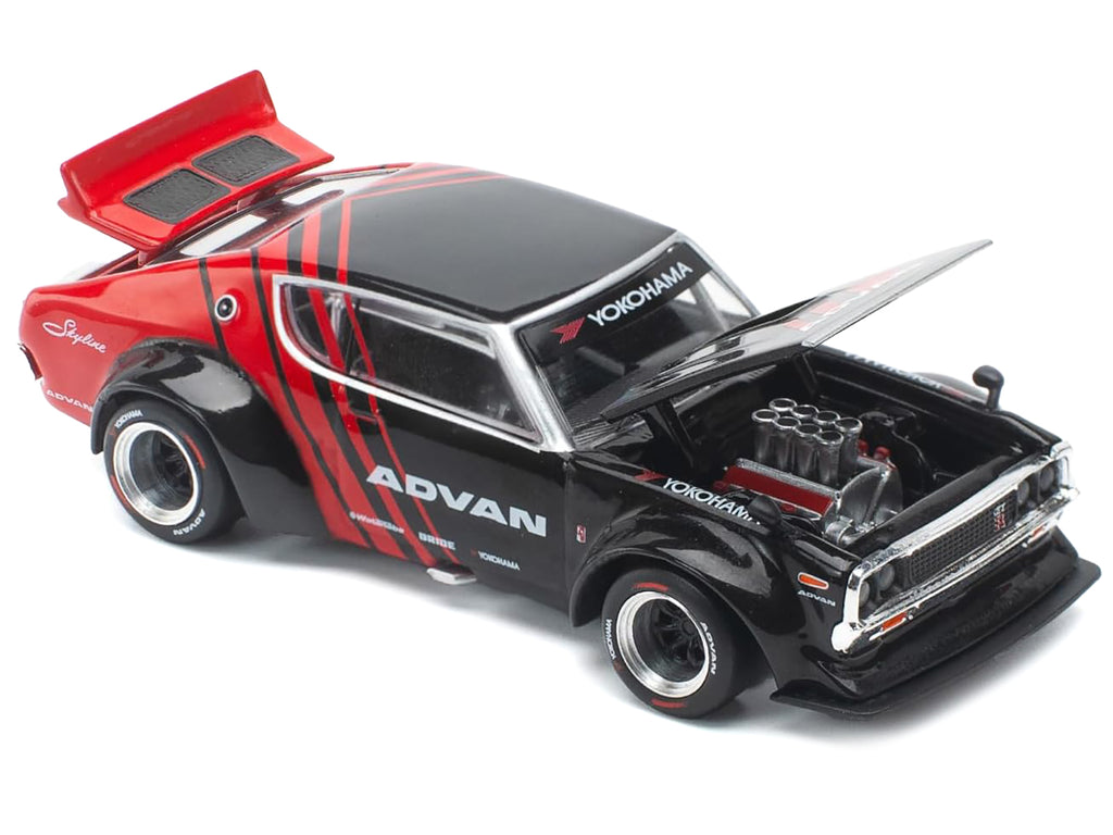 Skyline KPGC110 'Kenmeri' RHD (Right Hand Drive) 'ADVAN' Black and Red 1/64 Diecast Model Car by Pop Race