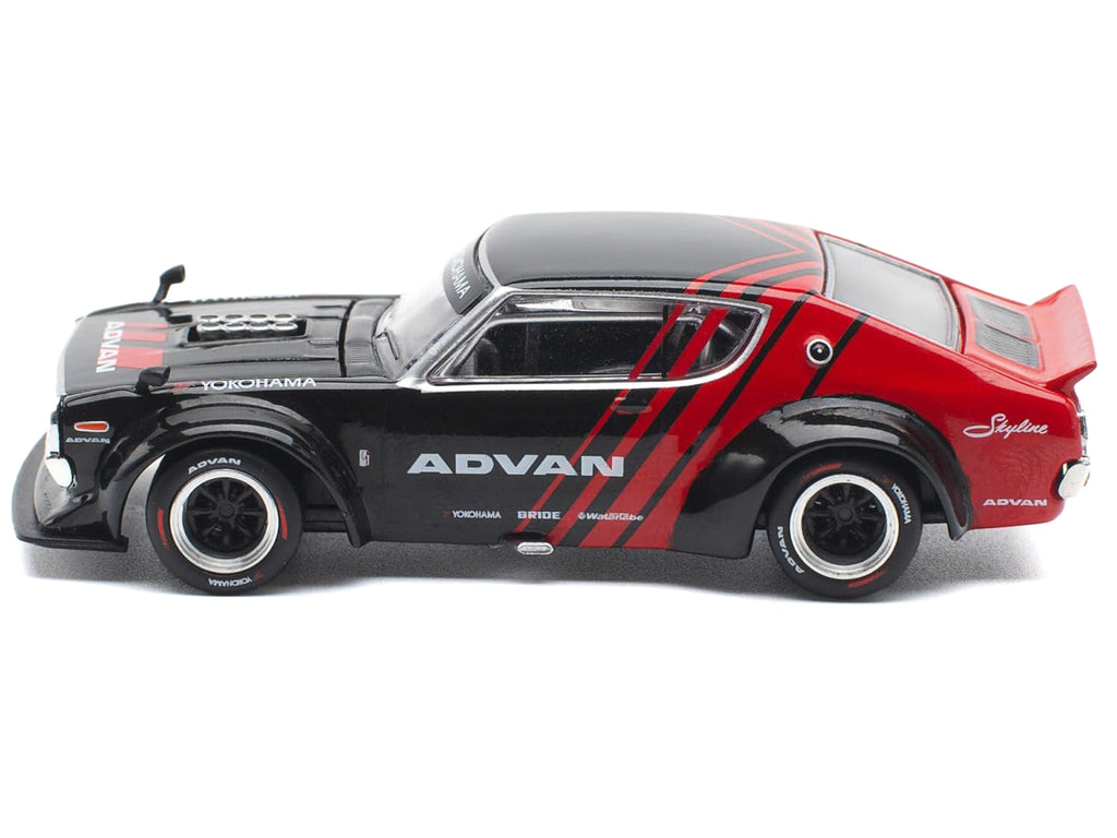 Skyline KPGC110 'Kenmeri' RHD (Right Hand Drive) 'ADVAN' Black and Red 1/64 Diecast Model Car by Pop Race
