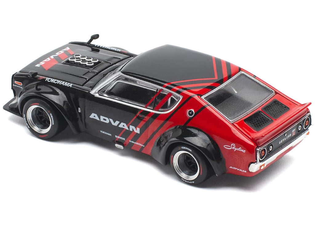 Skyline KPGC110 'Kenmeri' RHD (Right Hand Drive) 'ADVAN' Black and Red 1/64 Diecast Model Car by Pop Race