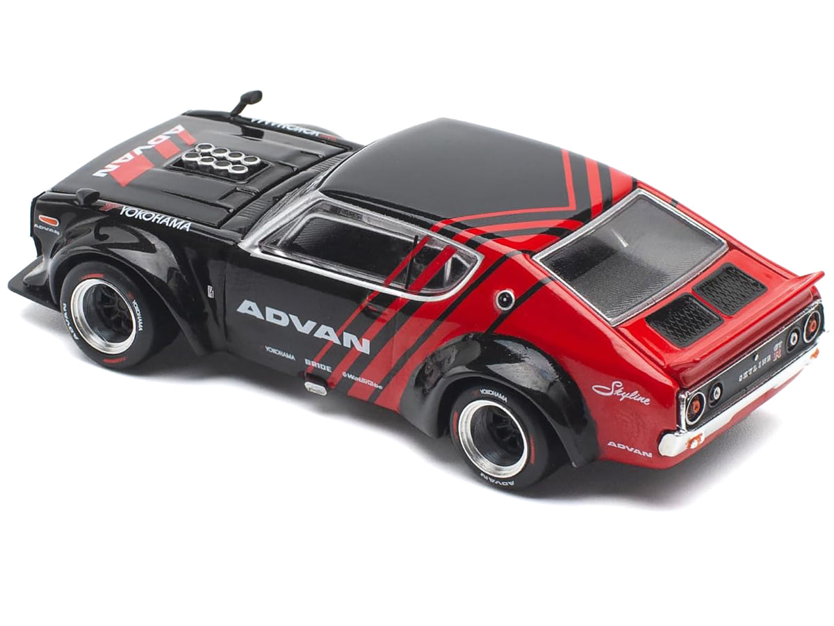Skyline KPGC110 'Kenmeri' RHD (Right Hand Drive) 'ADVAN' Black and Red 1/64 Diecast Model Car by Pop Race
