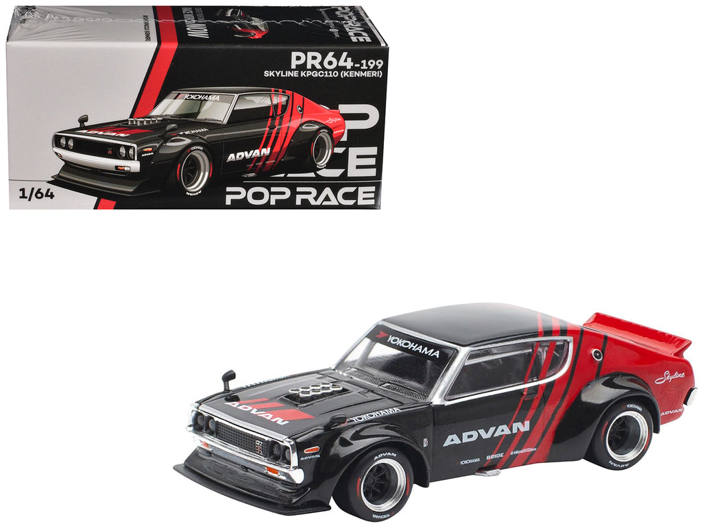 Skyline KPGC110 'Kenmeri' RHD (Right Hand Drive) 'ADVAN' Black and Red 1/64 Diecast Model Car by Pop Race