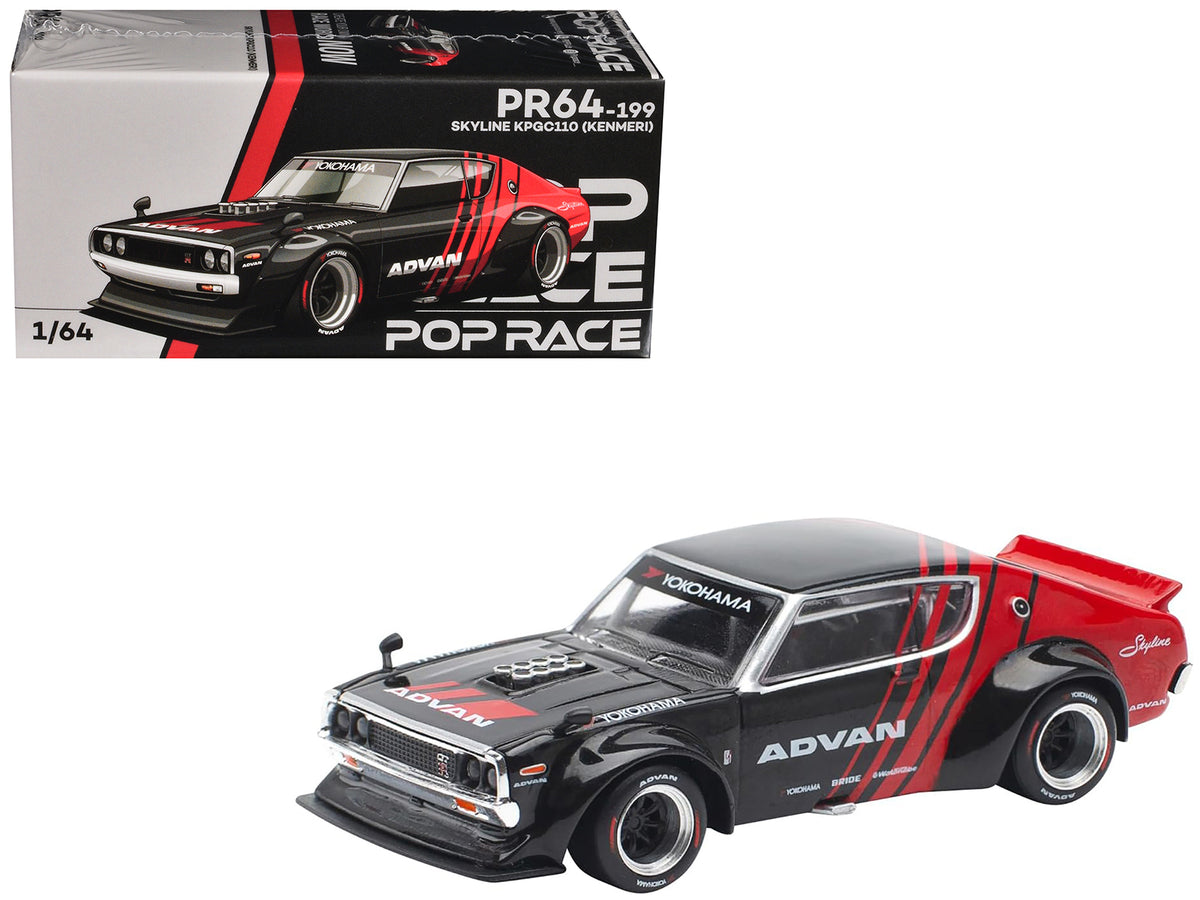 Skyline KPGC110 'Kenmeri' RHD (Right Hand Drive) 'ADVAN' Black and Red 1/64 Diecast Model Car by Pop Race