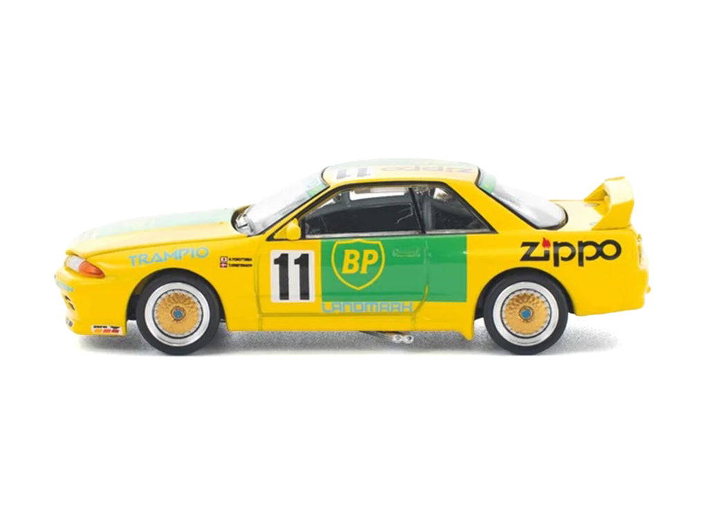 Skyline GT-R R32 RHD (Right Hand Drive) #11 Yellow with Green Graphics 'Group A' (1993) 1/64 Diecast Model Car by Pop Race