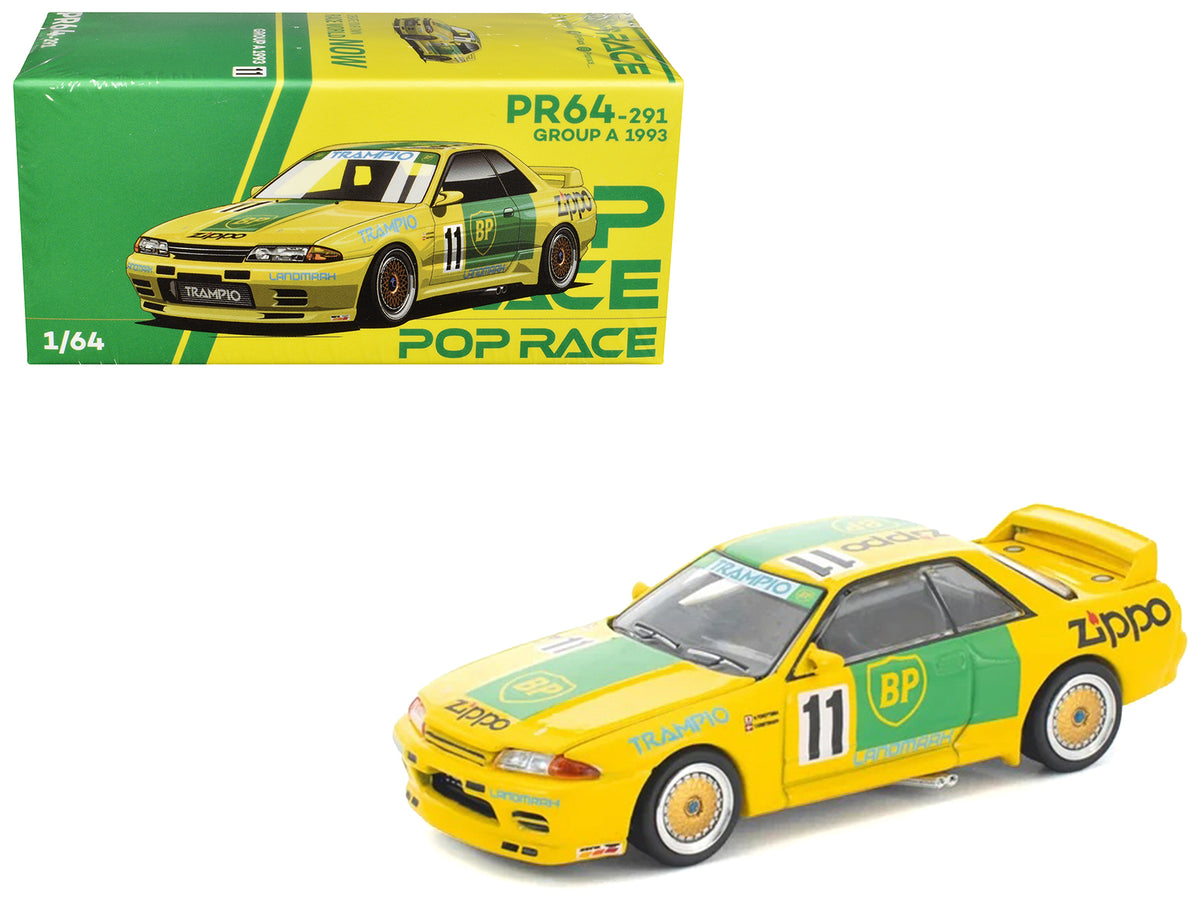 Skyline GT-R R32 RHD (Right Hand Drive) #11 Yellow with Green Graphics 'Group A' (1993) 1/64 Diecast Model Car by Pop Race