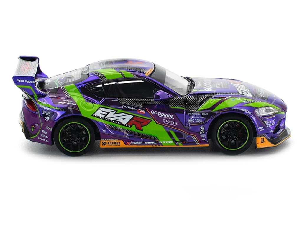 Toyota Pandem GR Supra RHD (Right Hand Drive) 'EVA RT Test Type-01 GoodRide' Purple Metallic with Graphics 1/64 Diecast Model Car by Pop Race