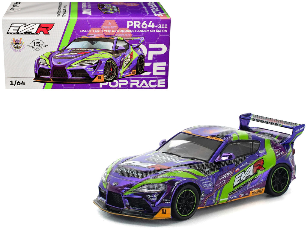 Toyota Pandem GR Supra RHD (Right Hand Drive) 'EVA RT Test Type-01 GoodRide' Purple Metallic with Graphics 1/64 Diecast Model Car by Pop Race