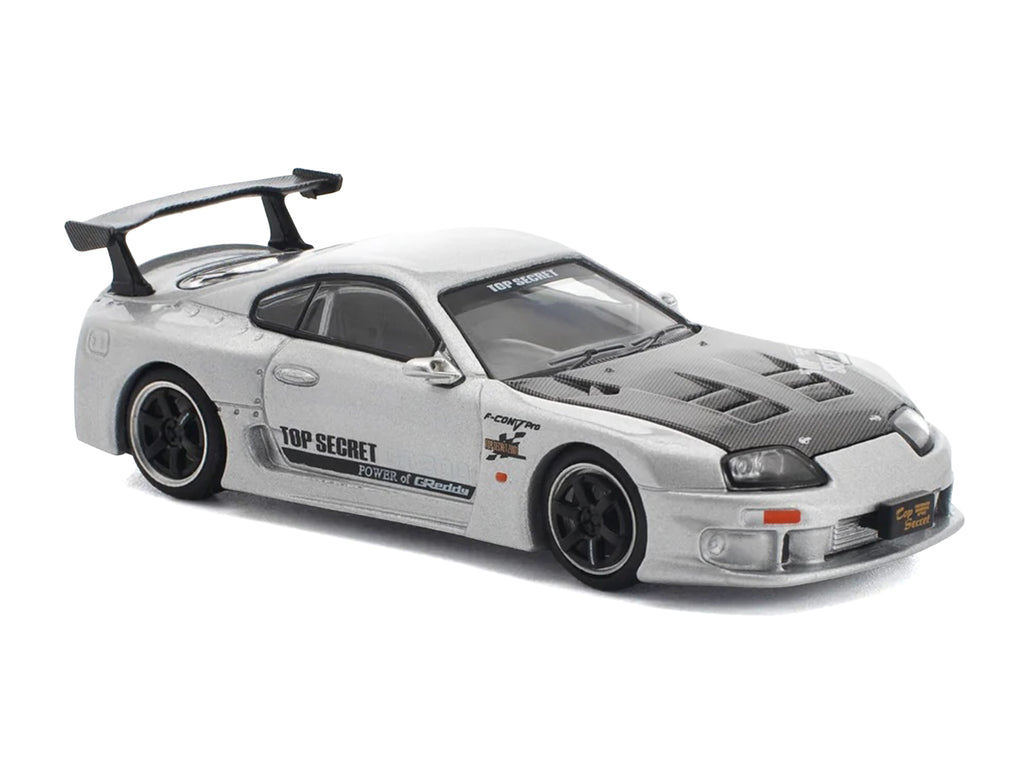 Toyota Supra 'Top Secret' GT300 RHD (Right Hand Drive) Silver Metallic with Carbon Hood 1/64 Diecast Model Car by Pop Race