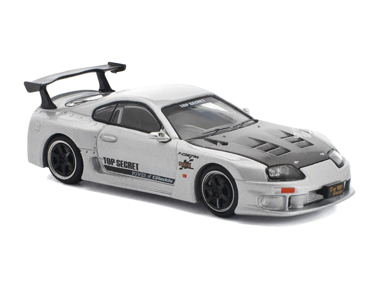 Toyota Supra 'Top Secret' GT300 RHD (Right Hand Drive) Silver Metallic with Carbon Hood 1/64 Diecast Model Car by Pop Race