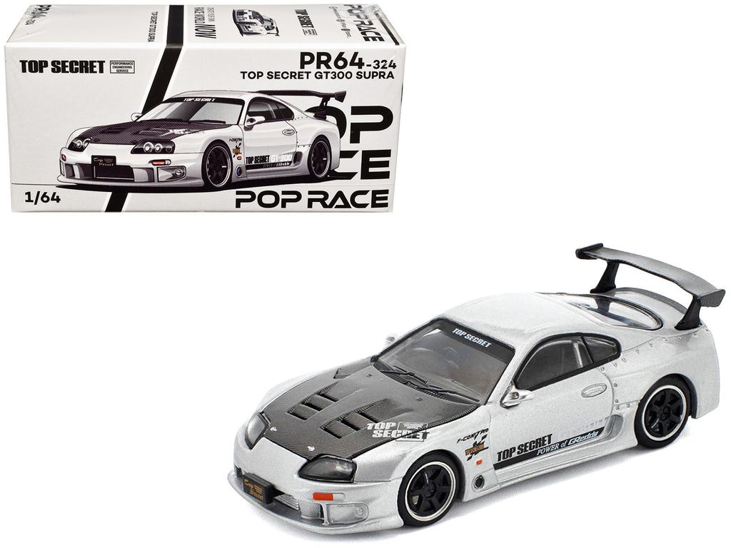 Toyota Supra 'Top Secret' GT300 RHD (Right Hand Drive) Silver Metallic with Carbon Hood 1/64 Diecast Model Car by Pop Race