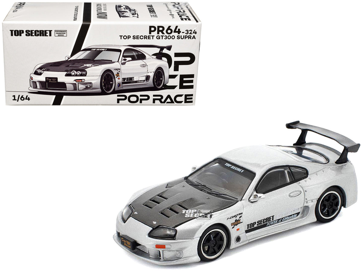 Toyota Supra 'Top Secret' GT300 RHD (Right Hand Drive) Silver Metallic with Carbon Hood 1/64 Diecast Model Car by Pop Race