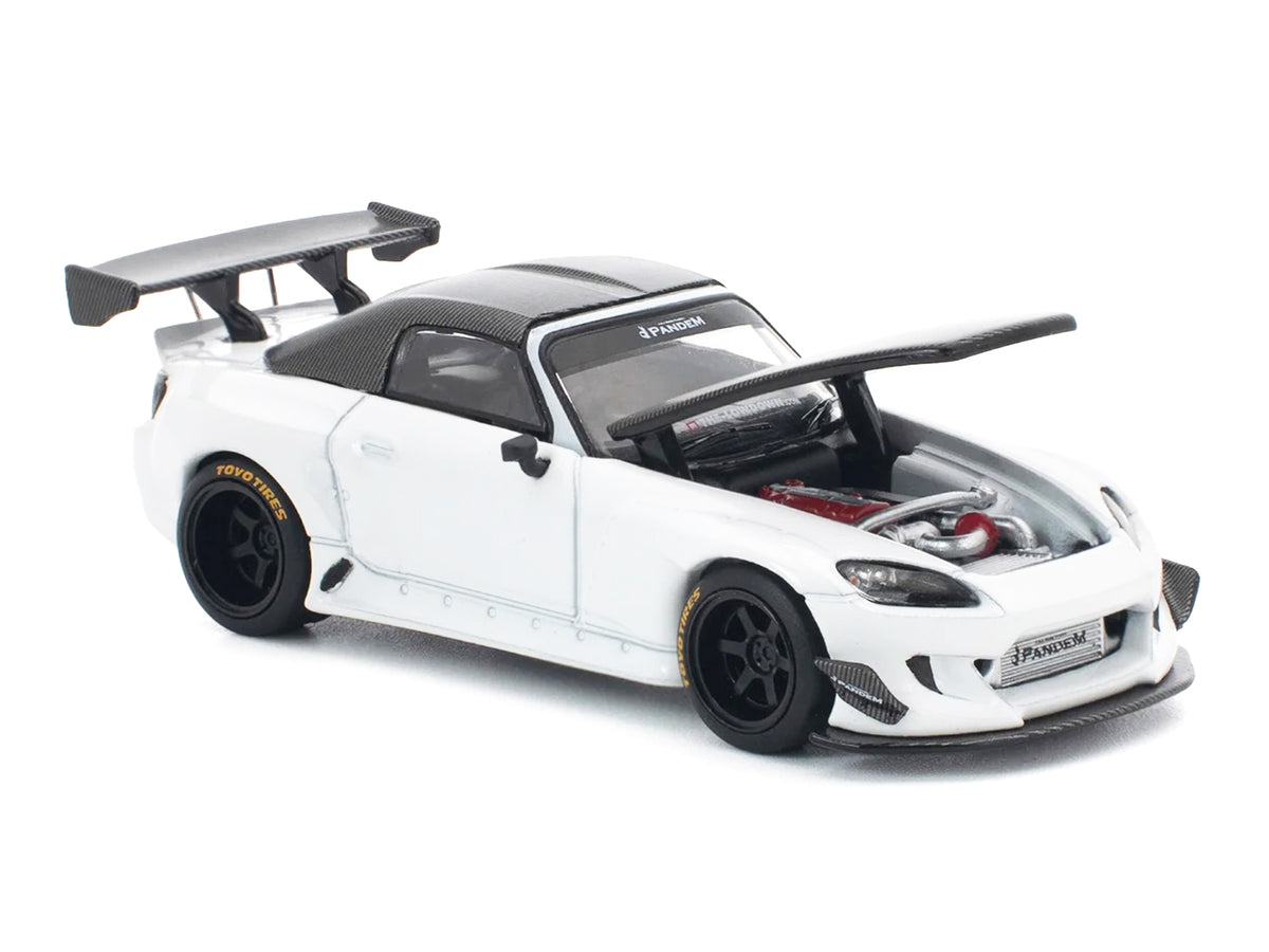 Honda Pandem S2000 RHD (Right Hand Drive) White with Carbon Hood and Top 1/64 Diecast Model Car by Pop Race