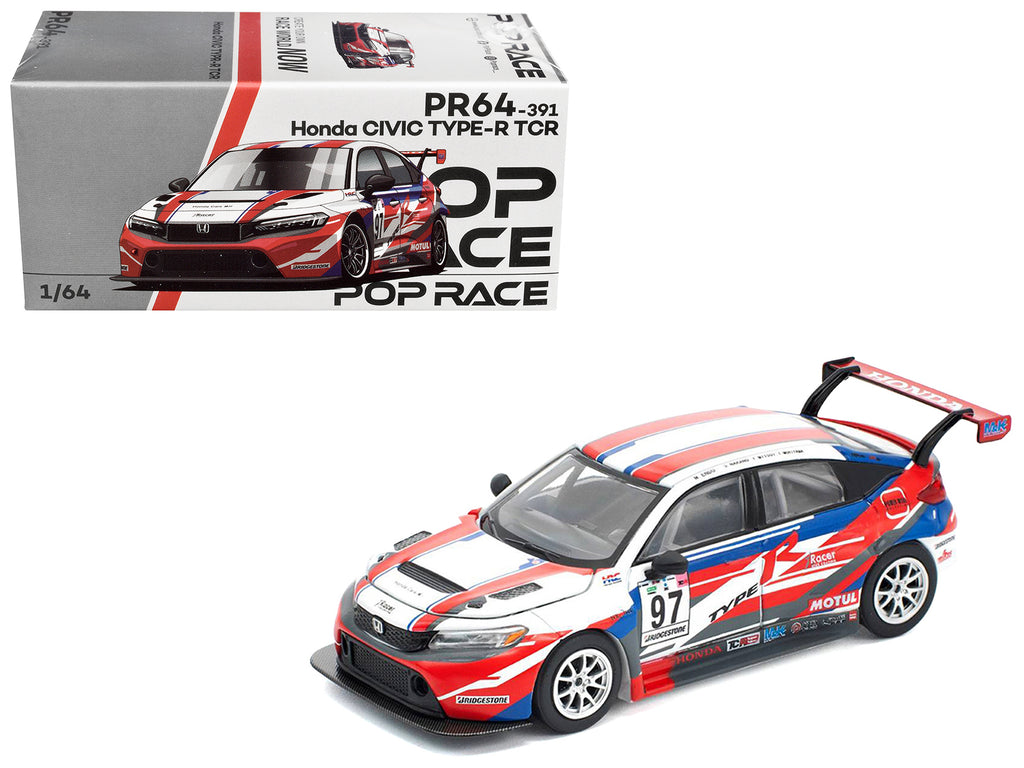 Honda Civic Type R TCR #97 'M&K Racing' White with Blue and Red Graphics 1/64 Diecast Model Car by Pop Race
