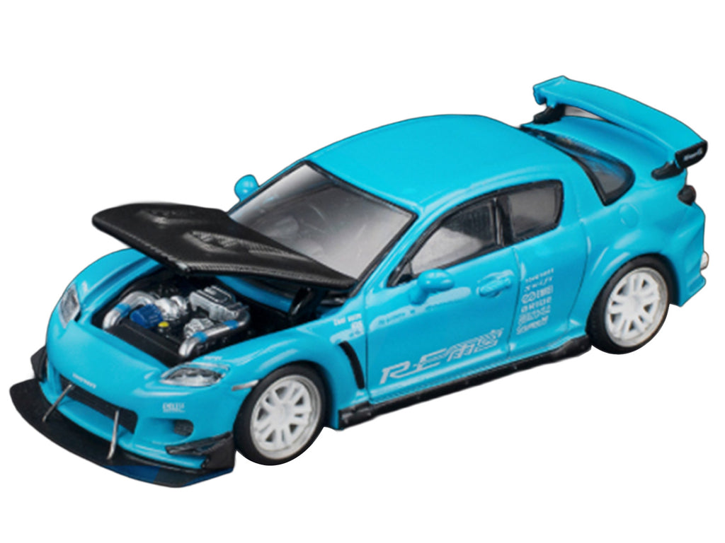 Mazda RX8 RE Amemiya RHD (Right Hand Drive) Light Blue with Carbon Hood 'Tokyo Auto Salon 2026' 1/64 Diecast Model Car by Pop Race