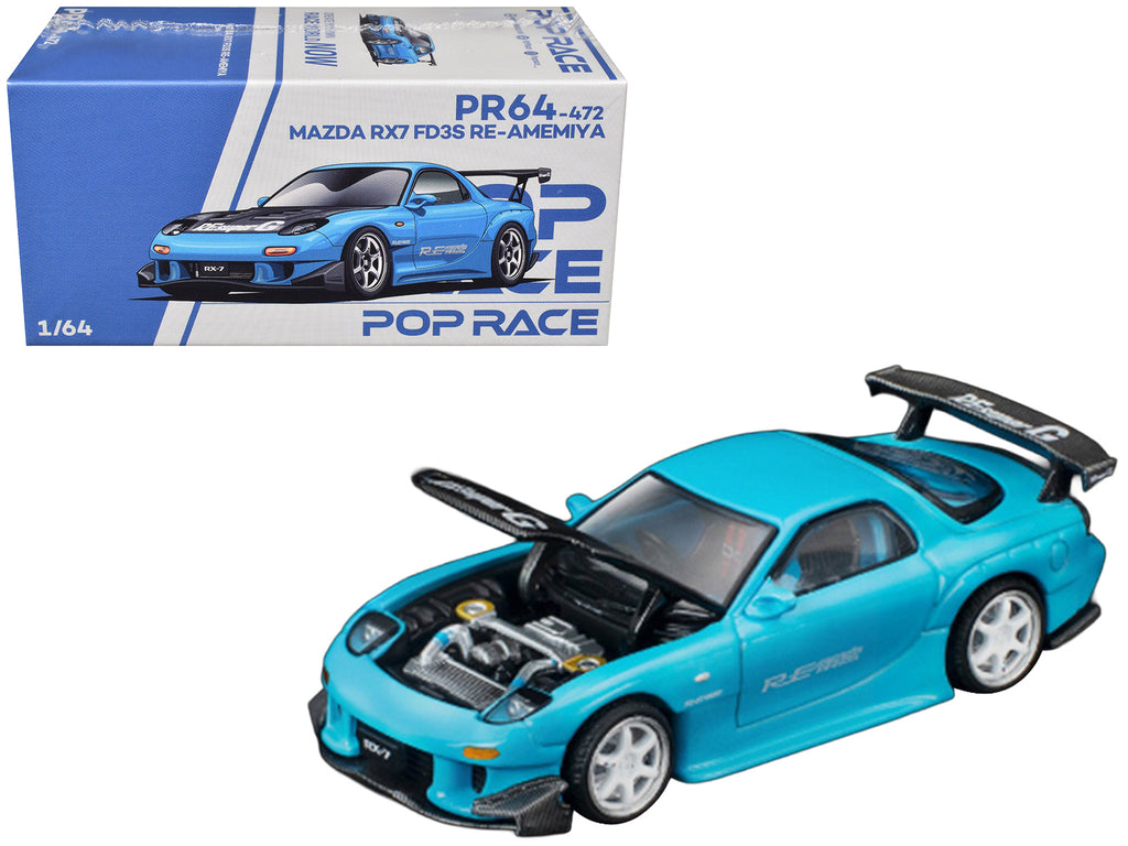 Mazda RX7 (FD3S) RE Amemiya RHD (Right Hand Drive) Light Blue with Carbon Hood 'Tokyo Auto Salon 2026' 1/64 Diecast Model Car by Pop Race