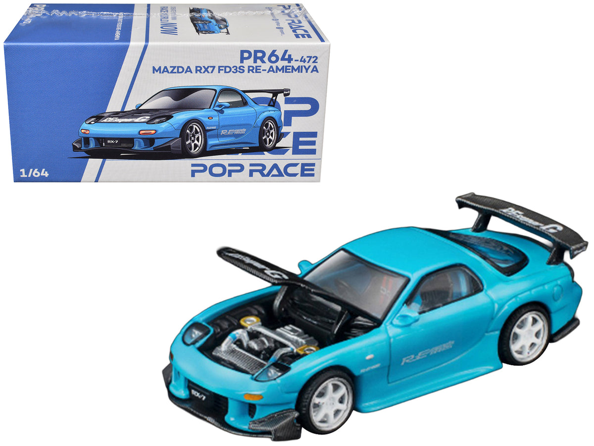 Mazda RX7 (FD3S) RE Amemiya RHD (Right Hand Drive) Light Blue with Carbon Hood 'Tokyo Auto Salon 2026' 1/64 Diecast Model Car by Pop Race