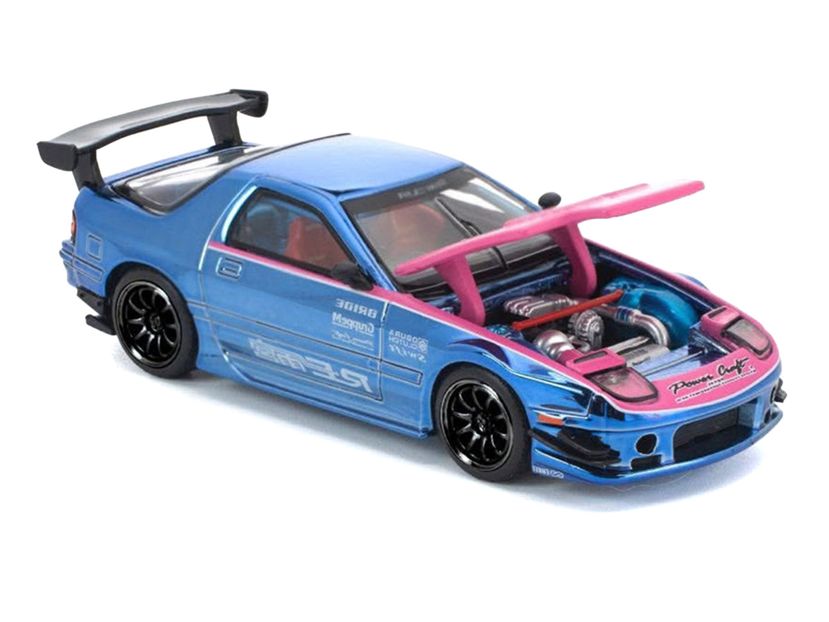 Mazda RX7 (FC3S) RE Amemiya RHD (Right Hand Drive) Blue Chrome with Pink Hood 'Street 7 Chrome' 1/64 Diecast Model Car by Pop Race