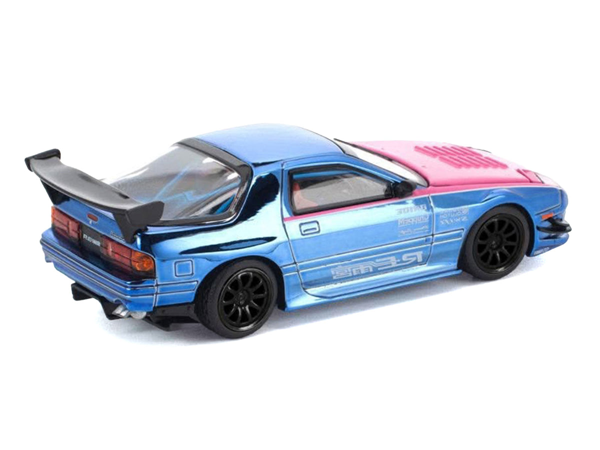 Mazda RX7 (FC3S) RE Amemiya RHD (Right Hand Drive) Blue Chrome with Pink Hood 'Street 7 Chrome' 1/64 Diecast Model Car by Pop Race