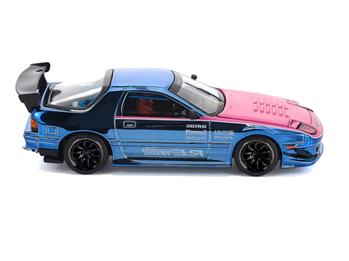 Mazda RX7 (FC3S) RE Amemiya RHD (Right Hand Drive) Blue Chrome with Pink Hood 'Street 7 Chrome' 1/64 Diecast Model Car by Pop Race
