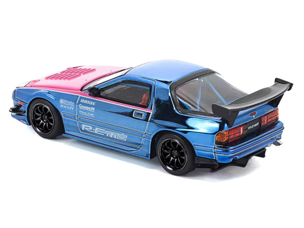 Mazda RX7 (FC3S) RE Amemiya RHD (Right Hand Drive) Blue Chrome with Pink Hood 'Street 7 Chrome' 1/64 Diecast Model Car by Pop Race