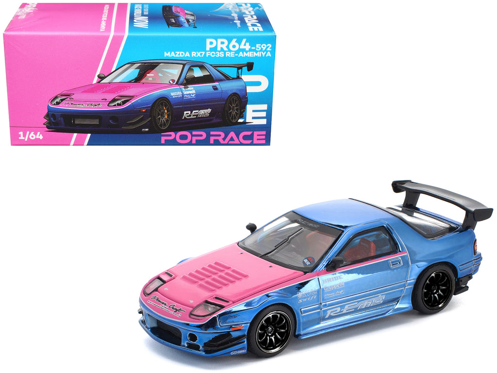 Mazda RX7 (FC3S) RE Amemiya RHD (Right Hand Drive) Blue Chrome with Pink Hood 'Street 7 Chrome' 1/64 Diecast Model Car by Pop Race