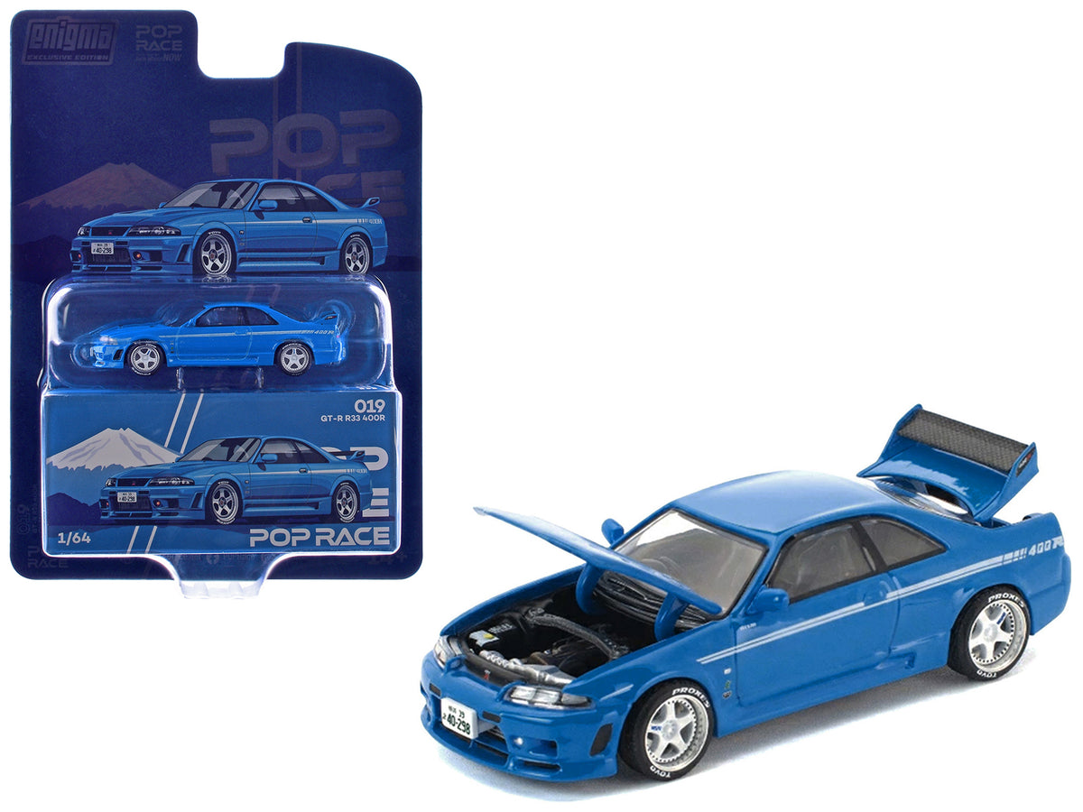 GT-R R33 400R RHD (Right Hand Drive) Champion Blue with White Stripes 'Enigma Exclusive Edition' 1/64 Die Cast Model Car by Pop Race