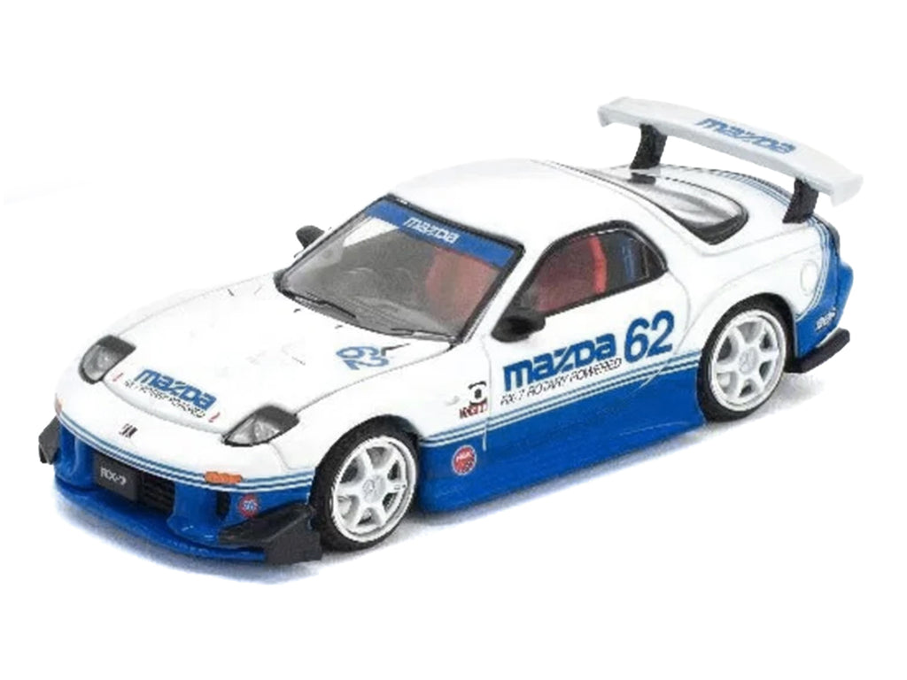 Mazda RX7 RE-Amemiya RHD (Right Hand Drive) #62 White and Blue with Graphics 'Enigma Exclusive Edition' 1/64 Diecast Model Car by Pop Race